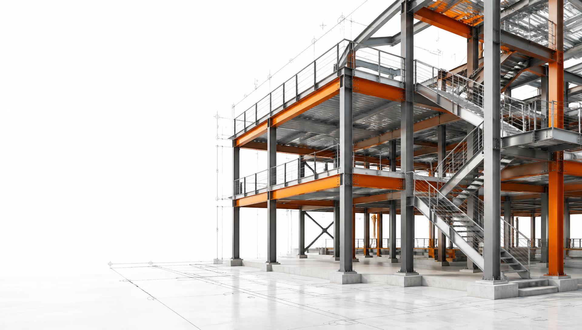 Detailed structural steel frame with CAD drawing overlays